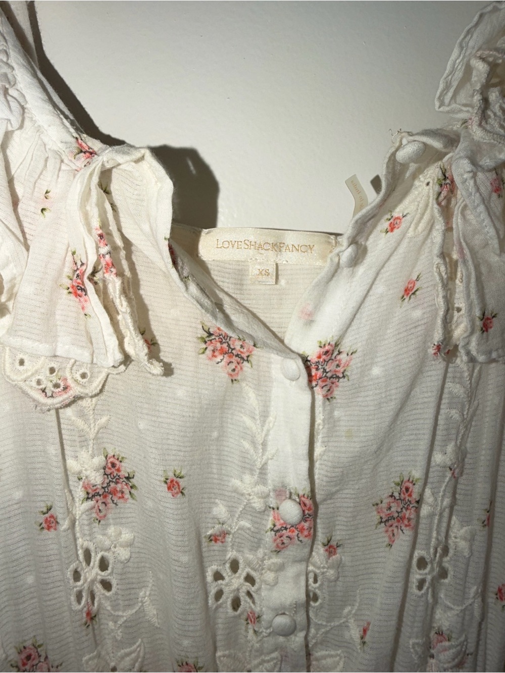 XS LoveShackFancy Floral Eyelet Lace Ruffle Dress Ivory & Pink